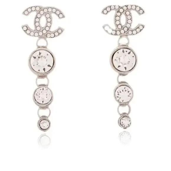 CHANEL Women's Stunning Silver Strass and Crystal CC Long Dangle Earrings - NWT - Picture 2 of 8